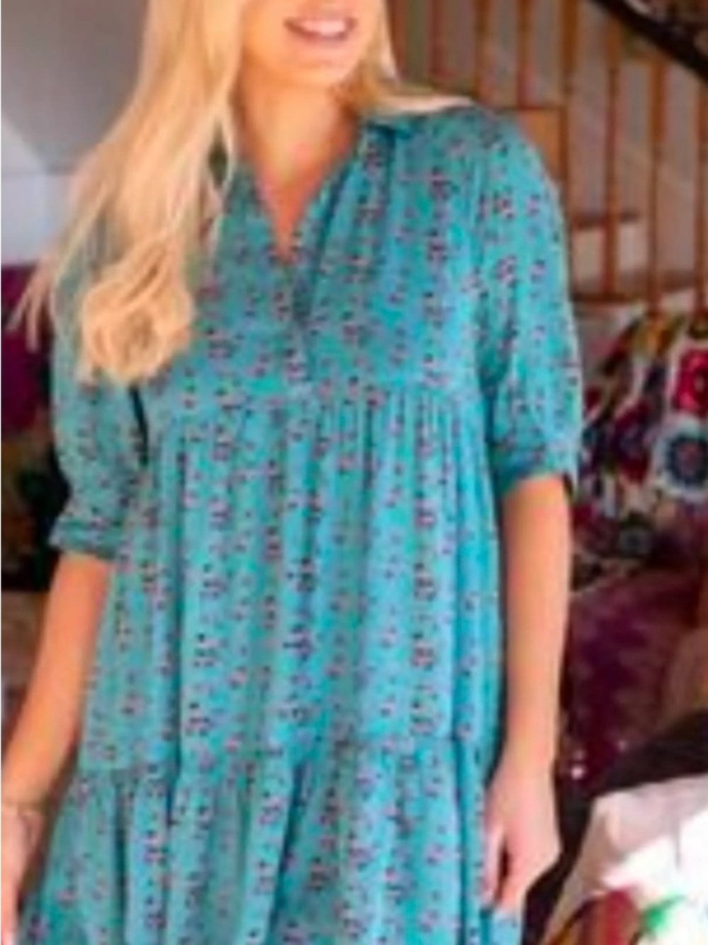 Woodland Fairy Teal Babydoll Mini Dress Natural Life Loose Fit Flowy Size L/XL